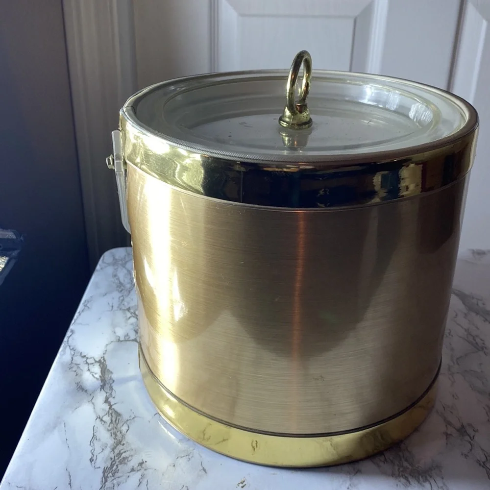 VTG Georges Briard Gold Ice Bucket Lucite Handle Lid Mid Century MCM Barware IOB